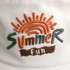A white bucket hat featuring colourful embroidery of a sun and the words "Summer Fun". It has a logo as well.