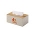 A medium tissue box with a textured beige fabric cover and a wooden top, featuring a logo on the front.
