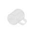 A clear glass mug with a handle, sitting at an angle on a white background.