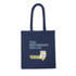 A navy-blue tote bag with a logo and a graphic design featuring vibrant colours.