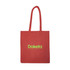 A red tote bag with long handles and a logo printed in green.