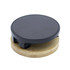 A round black magnetic phone holder sits atop a circular bamboo base. It features a simple and modern design.