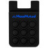 A black silicone phone wallet with nine circular poppers and a logo.