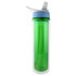 A drink bottle featuring a translucent green body, a blue lid, and a straw. It also has a logo.