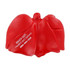 A red lung-shaped stress reliever with a logo, featuring a smooth surface and curved edges.