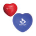 A red and blue heart-shaped stress reliever, featuring a logo and design on each side.