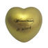 A gold heart-shaped stress reliever with a logo and text on the surface.