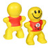 A yellow, smiling stress reliever shaped like a person, with a red shirt and a cheerful expression.