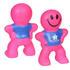 A pink stress reliever in the shape of a smiling humanoid figure with a blue shirt and a logo.