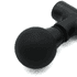A black mini massage gun with a rounded attachment, featuring a sleek design and a logo.