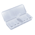 A transparent pill box with separate compartments for each day of the week. It features a clear lid and branding.
