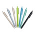 A collection of ballpoint pens in various colours: black, green, light blue, and neutral tones made from wheat straw.