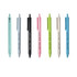 A collection of ballpoint pens in pastel blue, black, pink, and green, made from wheat straw. Each pen features a clip and branding.