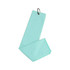 A light aqua waffle golf towel with a metal clip for easy attachment.
