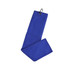 A blue waffle golf towel with a hanging loop and a textured surface. It features a logo.