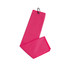 A pink waffle golf towel with a clip for easy attachment, featuring a textured surface.