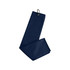 A navy waffle golf towel featuring a hook for attachment. The fabric has a textured pattern.