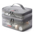 A grey nylon mesh sheer double layer cosmetic bag with a handle and zipped compartments, featuring various bottles inside.