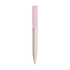 A click pen in white with a pink clip, made from wheat straw, featuring a simple design and a logo.