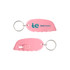 A pink mini cutter keyring featuring a silver keyring attachment and a logo. A pink mini cutter keyring featuring a silver keyring attachment and a logo.