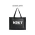 A transparent mesh tote bag in black, featuring a large logo on the front and sturdy straps.