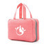 A pink, large capacity hanging toiletry bag with dual handles and a logo featuring a silhouette and leaves.