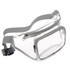 A clear fanny pack with a grey strap, featuring a zippered compartment and transparent body. A clear fanny pack with a grey strap, featuring a zippered compartment and transparent body.