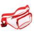 A clear fanny pack with red accents and a single zipper compartment. It features an adjustable strap. A clear fanny pack with red accents and a single zipper compartment. It features an adjustable strap.