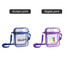 A clear tote bag with zipper closure in blue and purple, each featuring a shoulder strap and branding. A clear tote bag with zipper closure in blue and purple, each featuring a shoulder strap and branding.