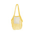 A yellow mesh tote bag with a cream-coloured pocket, featuring a logo on the side. A yellow mesh tote bag with a cream-coloured pocket, featuring a logo on the side.