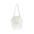 A mesh foldaway tote bag in white with a beige pocket, featuring shoulder straps and a lightweight design. A mesh foldaway tote bag in white with a beige pocket, featuring shoulder straps and a lightweight design.