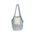 A mesh foldaway cotton tote bag in navy with a cream pocket, featuring a logo on the side. A mesh foldaway cotton tote bag in navy with a cream pocket, featuring a logo on the side.