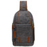 A grey waxed canvas camera sling bag with brown leather accents and adjustable straps. Features side pockets and a logo.
