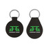 A black classic PU leather keyring featuring a round and teardrop shape, both with a logo design.
