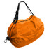 An orange foldable shopping shoulder bag with a black strap and zip closure, featuring a logo.