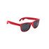A drink bottle opener is integrated into bright red sunglasses with dark grey lenses. The sunglasses feature a logo.