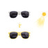 Colour changing sunglasses in white and yellow, featuring dark lenses and a logo on the side. Sunlight depicted above.