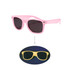 Glow in the dark sunglasses in pink and yellow with dark lenses, featuring a logo on the side.