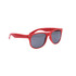 Red sunglasses made from wheat straw with dark lenses, featuring a logo on the side.