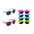 A pair of blue sunglasses and pink sunglasses are displayed alongside several pairs of pink, teal, and black sunglasses, all with logos.