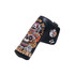 A black custom blade putter cover featuring colourful skull designs and intricate floral patterns, with branding details.