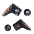 A black custom blade putter cover featuring colourful skull and floral designs, with a logo displayed.