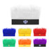A set of colourful headband wigs in various shades, including white, blue, yellow, green, red, and purple, with logos.