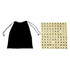 A black drawstring bag beside a collection of tan letter tiles featuring the alphabet in black lettering.