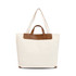 A canvas bag in natural white with a brown leather handle, featuring a structured design and two sturdy straps.