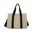 A beige canvas grocery shopping bag with black straps and a detachable shoulder strap. It features a logo.