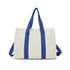 A light beige canvas grocery shopping bag with blue handles, featuring a simple design and a logo.