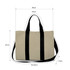 A canvas grocery shopping bag in beige with black handles, featuring dimensions for size reference.