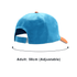A blue sandwich bill hat with an orange peak and adjustable strap at the back. Features a branding logo.