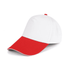 A cap featuring a red bill and a white crown, with a small loop on top and a logo on the side.